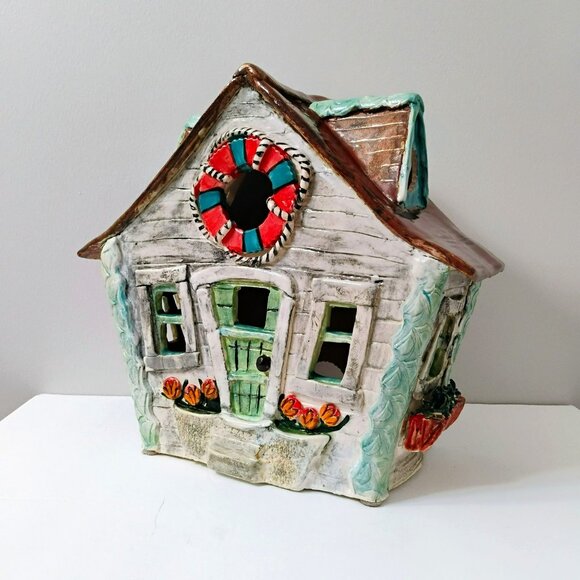 Hand-Crafted Ceramic Coastal Cottage Luminary, Heavy Art Pottery Nautical Patio